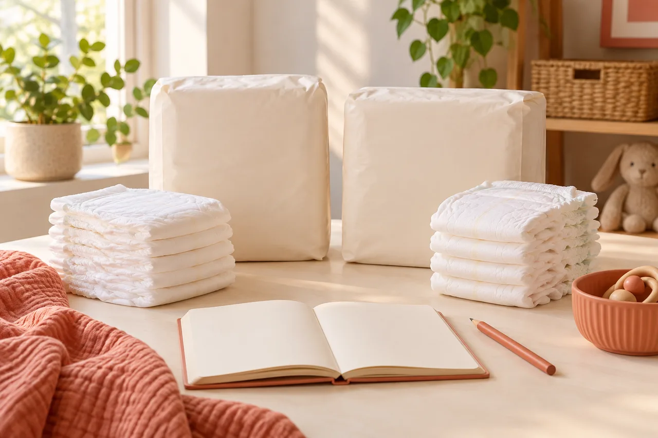 Pañales sin marca junto a paquetes neutros y un cuaderno para organizar la compra